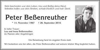 Traueranzeige von Peter Beßenreuther von Allgäuer Zeitung, Kaufbeuren/Buchloe
