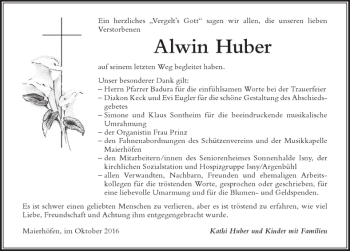 Traueranzeige von Alwin Huber von Der Westallgäuer
