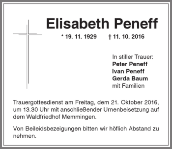 Traueranzeige von Elisabeth Peneff von Memminger Zeitung
