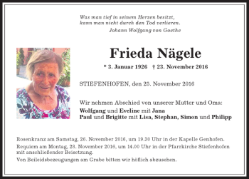 Traueranzeige von Frieda Nägele von Allgäuer Anzeigeblatt