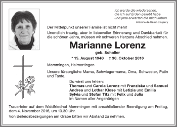 Traueranzeige von Marianne Lorenz von Memminger Zeitung