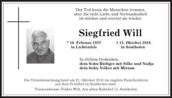 Traueranzeige von Siegfried Will von Allgäuer Anzeigeblatt