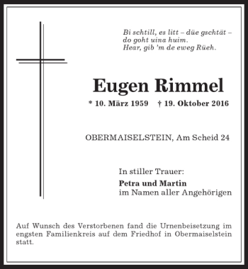 Traueranzeige von Eugen Rimmel von Allgäuer Anzeigeblatt