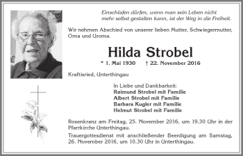 Traueranzeige von Hilda Strobel von Allgäuer Zeitung, Marktoberdorf