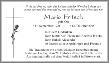 Traueranzeige von Maria Fritsch von Allgäuer Zeitung, Füssen