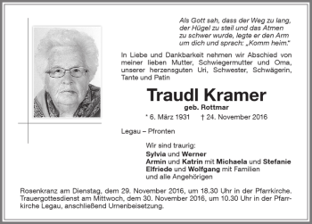 Traueranzeige von Traudl Kramer von Memminger Zeitung