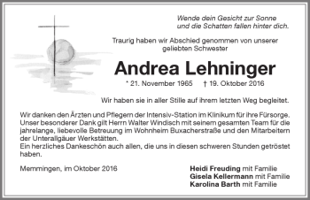 Traueranzeige von Andrea Lehninger von Memminger Zeitung