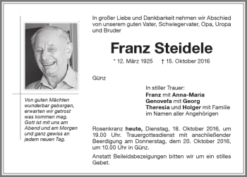 Traueranzeige von Franz Steidele von Memminger Zeitung