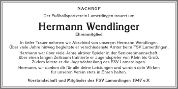 Traueranzeige von Hermann Wendlinger von Allgäuer Zeitung, Kaufbeuren/Buchloe