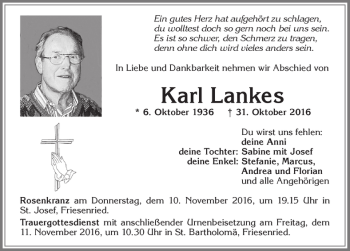 Traueranzeige von Karl Lankes von Allgäuer Zeitung, Kaufbeuren/Buchloe