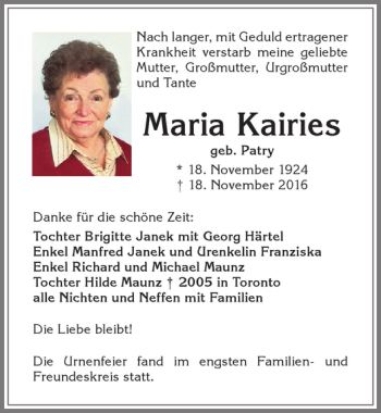 Traueranzeige von Maria Kairies von Allgäuer Zeitung,Kempten