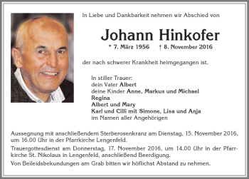 Traueranzeige von Johann Hinkofer von Allgäuer Zeitung, Kaufbeuren/Buchloe