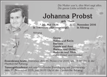 Traueranzeige von Johanna Probst von Allgäuer Zeitung, Marktoberdorf