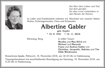 Traueranzeige von Albertine Gabler von Allgäuer Zeitung,Kempten