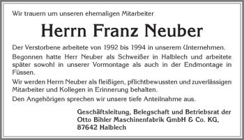 Traueranzeige von Franz Neuber von Allgäuer Zeitung, Füssen
