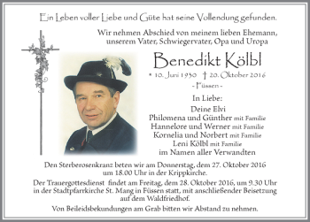 Traueranzeige von Benedikt Kölbl von Allgäuer Zeitung, Füssen