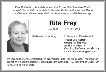 Traueranzeige von Rita Frey von Memminger Zeitung