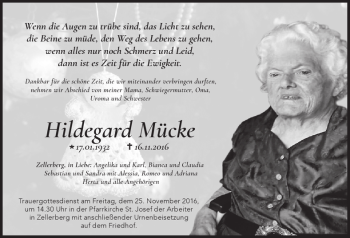 Traueranzeige von Hildegard Mücke von Allgäuer Zeitung, Kaufbeuren/Buchloe