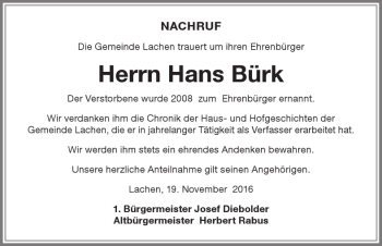 Traueranzeige von Hans Bürk von Memminger Zeitung