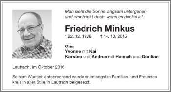 Traueranzeige von Friedrich Minkus von Memminger Zeitung