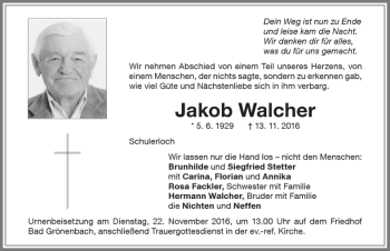 Traueranzeige von Jakob Walcher von Memminger Zeitung