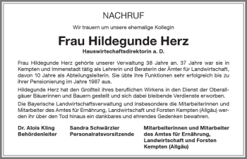 Traueranzeige von Hildegunde Herz von Allgäuer Zeitung, Gesamtausgabe