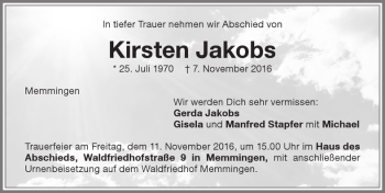 Traueranzeige von Kirsten Jakobs von Memminger Zeitung