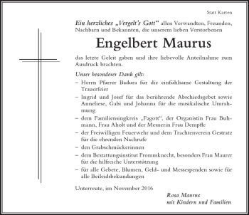 Traueranzeige von Engelbert Maurus von Der Westallgäuer