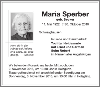 Traueranzeige von Maria Sperber von Memminger Zeitung