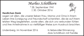 Traueranzeige von Marlies Schöllhorn von Der Westallgäuer