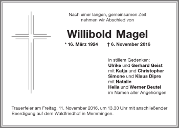 Traueranzeige von Willibold Magel von Memminger Zeitung