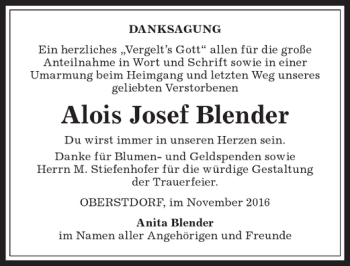 Traueranzeige von Alois Josef Blender von Allgäuer Anzeigeblatt