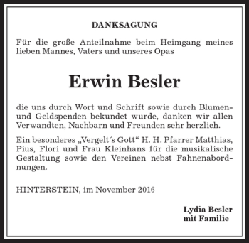 Traueranzeige von Erwin Besler von Allgäuer Anzeigeblatt