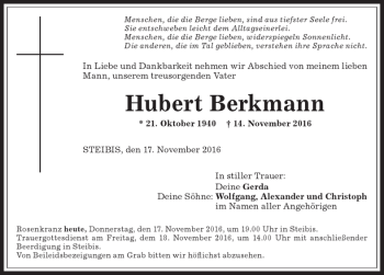 Traueranzeige von Hubert Berkmann von Allgäuer Anzeigeblatt