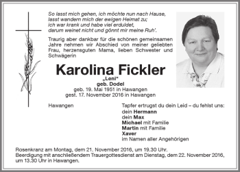 Traueranzeige von Karolina Fickler von Memminger Zeitung
