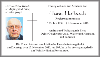 Traueranzeige von Hans Hofbeck von Allgäuer Zeitung, Füssen