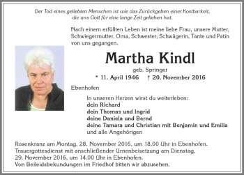 Traueranzeige von Martha Kindl von Allgäuer Zeitung, Marktoberdorf