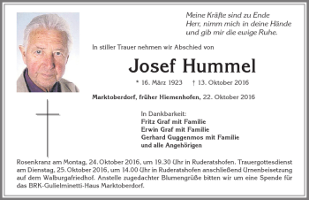 Traueranzeige von Josef Hummel von Allgäuer Zeitung, Marktoberdorf