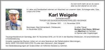 Traueranzeige von Karl Weigele von Memminger Zeitung