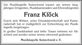 Traueranzeige von Franz Klöck von Allgäuer Zeitung, Marktoberdorf