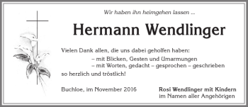 Traueranzeige von Hermann Wendlinger von Allgäuer Zeitung, Kaufbeuren/Buchloe