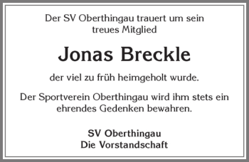 Traueranzeige von Jonas Breckle von Allgäuer Zeitung, Marktoberdorf