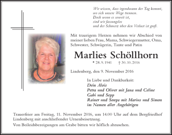 Traueranzeige von Marlies Schöllhorn von Der Westallgäuer