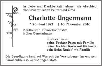 Traueranzeige von Charlotte Ungermann von Allgäuer Zeitung, Kaufbeuren/Buchloe