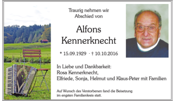 Traueranzeige von Alfons Kennerknecht von Allgäuer Zeitung, Marktoberdorf