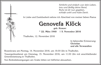 Traueranzeige von Genovefa Klöck von Allgäuer Zeitung, Marktoberdorf