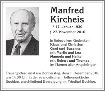 Traueranzeige von Manfred Kircheis von Allgäuer Zeitung, Kaufbeuren/Buchloe