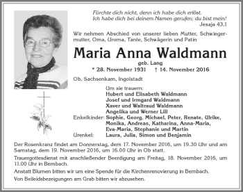 Traueranzeige von Maria Anna Waldmann von Allgäuer Zeitung, Marktoberdorf
