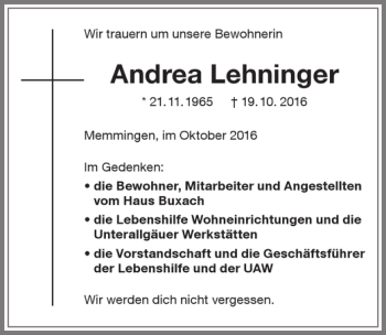 Traueranzeige von Andrea Lehninger von Memminger Zeitung