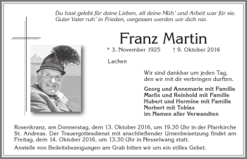 Traueranzeige von Franz Martin von Allgäuer Zeitung, Füssen